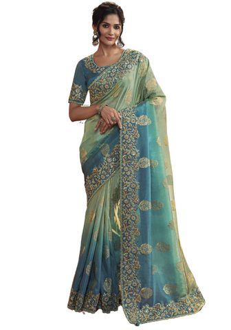 Beau sari vert pastel et bleu persan Niharika