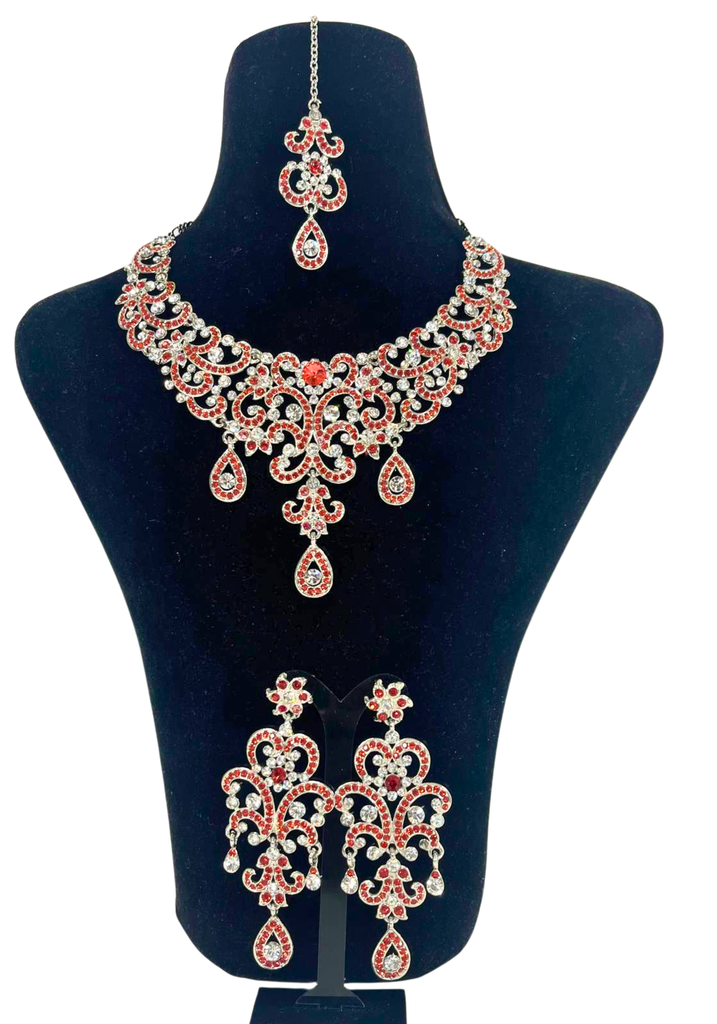 Parure Marvina – Bijoux Indiens Mariage Argenté Rouge – Narkis