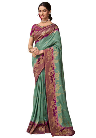 Beau sari soie vert et violet Geetha