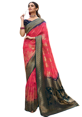 Beau sari soie rose et bleu marine Pushpa