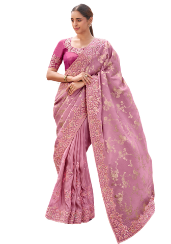 sari rose mariage brodé élégant