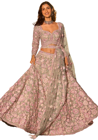 lehenga mariage vert sauge rose brodé main Aarohi