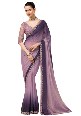 sari chiffon shimmer prune lilas brodé Anita
