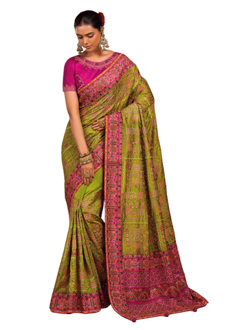 Sari Sharadha vert olive avec pierres et broderies artisanales