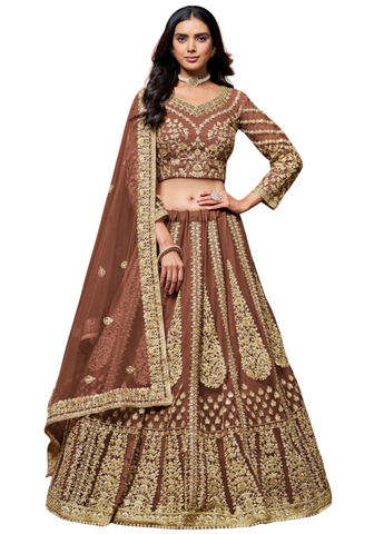 lehenga marron brodé mariage tenue indienne femme élégante
