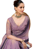 sari chiffon shimmer prune lilas brodé Anita
