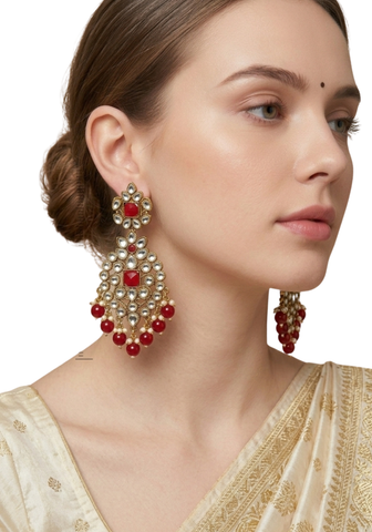 Boucles indiennes Vatsala rouge rubis avec perles
