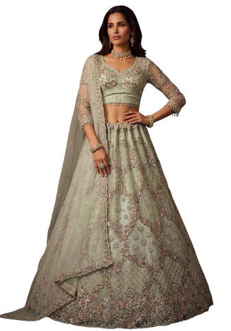 Lehenga Zaya – Vert Sauge Brodé
