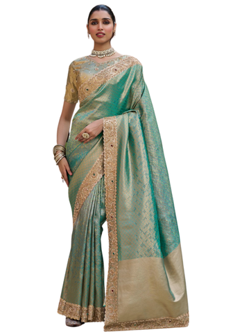Sari Indien Veda - Turquoise jacquard