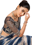 sari chiffon shimmer bleu nuit brodé Devika