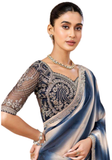 sari chiffon shimmer bleu nuit brodé Devika