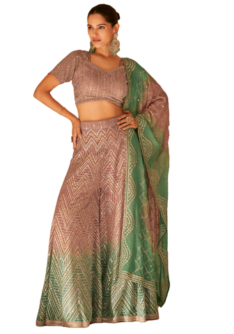 Ensemble Rhea rose et vert dégradé brodé. Crop top et palazzo élégant pour cérémonie et mariage, tailles 40 à 44.