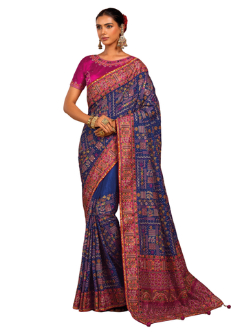 Sari Sharadha bleu royal brodé avec pierres et miroirs