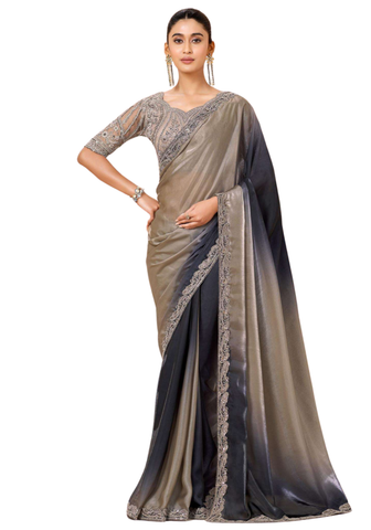 sari chiffon shimmer taupe gris brodé Kayna