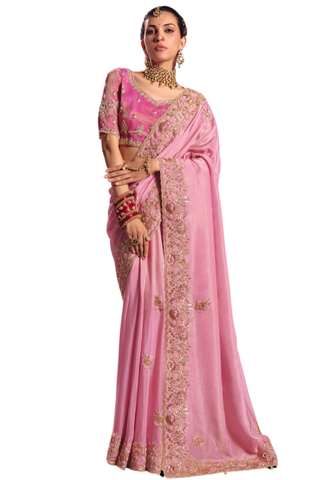 Sari Indien Rose Poudré brodé - Saanvi - Narkis Fashion