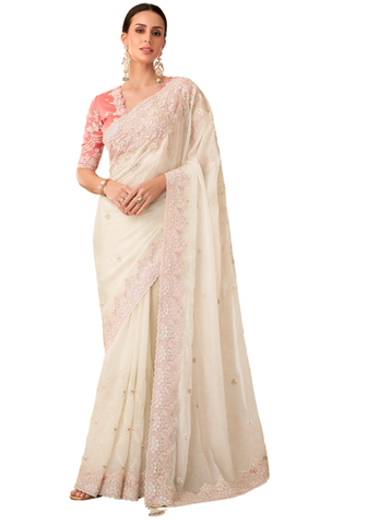 Sari Saesha ivoire broderies roses – vue complète