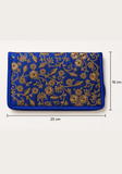 Pochette de rangement pour bijoux bleu royal avec broderies dorées