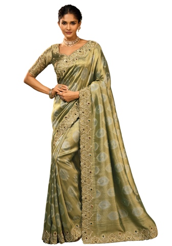 Olive silk saree with embroidered border
