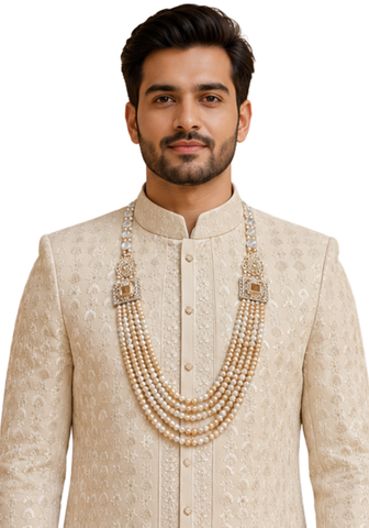 Mala homme Aarav perles ivoire champagne porté avec sherwani mariage