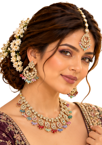 Parure indienne Kajol Multicolores et dorée avec collier boucles et maang tikka portée