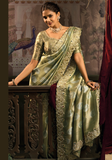 Indian olive saree with zari and pearl embroidery