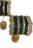 Lot de bracelets indiens Aarya Vert bouteille avec joncs colorés et bracelets métalliques incrustés de pierres