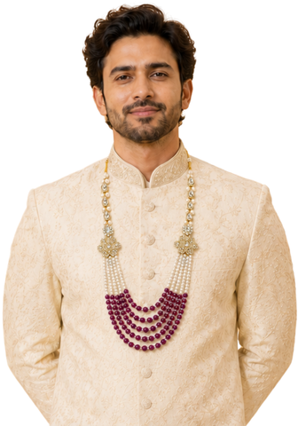 Mala Homme Rohan – Perles Ivoire & Framboise, Pierres Style Kundan