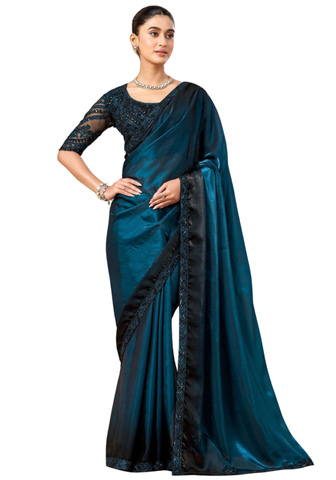 Sari indien bleu canard Neelaya avec bordure brodée élégante