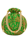 Sac potli vert feuille avec broderies florales dorées