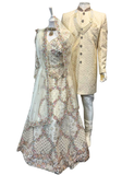 Matching Couple Krish et Zaya ivoire beige – Couple en sherwani ivoire et lehenga brodé pour mariage indien – Narkis Fashion