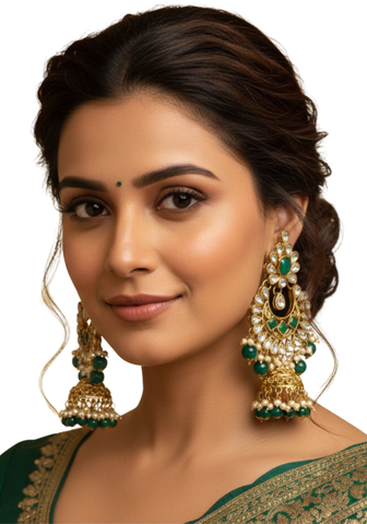 Boucles d’oreilles indiennes Keerthana dorées avec perles et pierres vertes