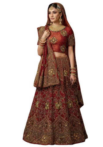 Lehenga mariée Aishwarya rouge brodé main