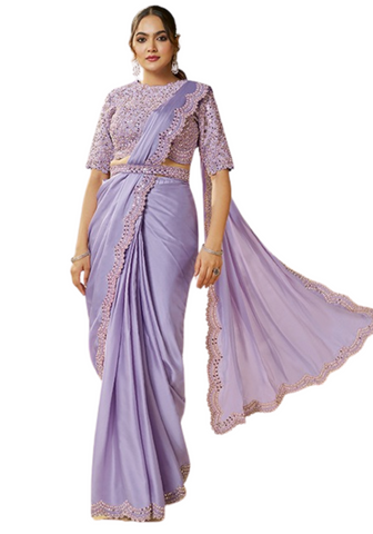 Sari Prêt Yousra – Lavande & Perles Miroirs