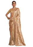 Sari Vihana Beige Doré porté par mannequin avec bordure brodée