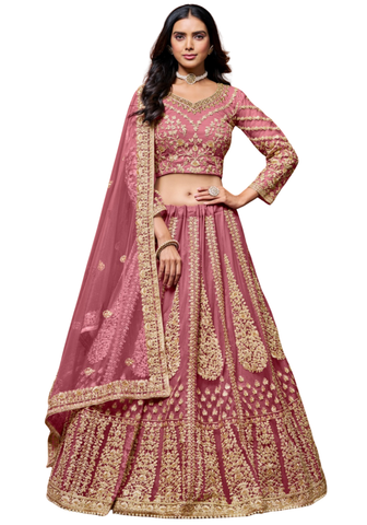 lehenga rose poudré brodé invité mariage tulle indien