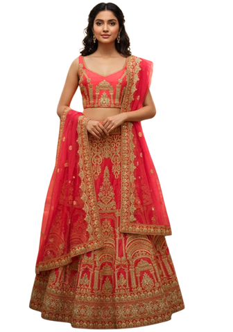 lehenga rouge mariage brodé or soie tulle narkis fashion