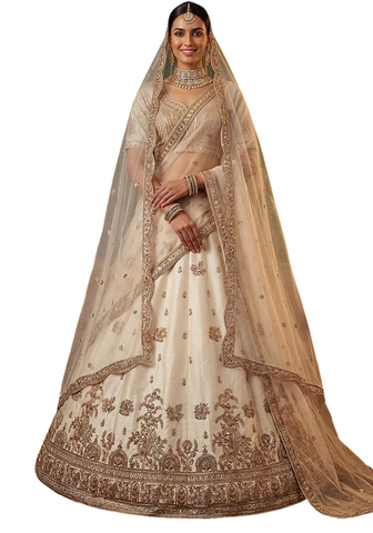Lehenga mariée ivoire Deepika avec double voile brodé et jupe en soie mixte