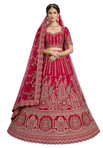 Lehenga mariée Padmavati rose framboise brodé doré porté par un mannequin