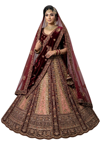Lehenga mariée Maharani bordeaux royal brodé avec deux dupattas