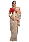 Sari indien mariage ivoire et rouge broderies pierres