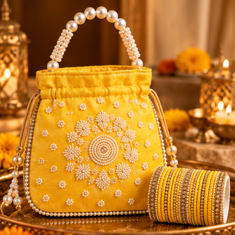 Coffret cadeau Diwali Glow jaune doré avec potli brodé de perles blanches et bracelets jaunes et dorés assortis – Narkis Fashion