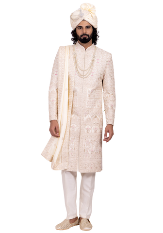 sherwani Jehangir ivoire doré – tenue de mariage indienne homme brodée