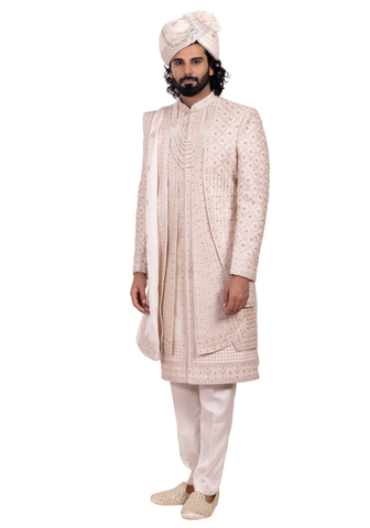 sherwani Humayun beige rosé – tenue de mariage indienne homme brodée