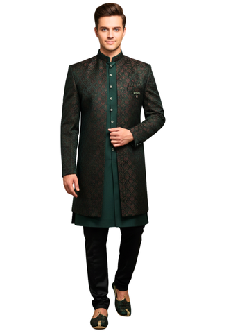 green brocade sherwani men front view