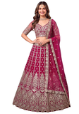 Lehenga Shakila rose intense avec broderies doré clair, bustier, jupe évasée et dupatta