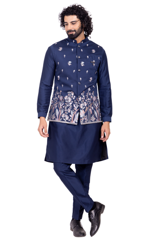 ensemble Kurta Nasir – tenue indienne homme bleu marine brodée
