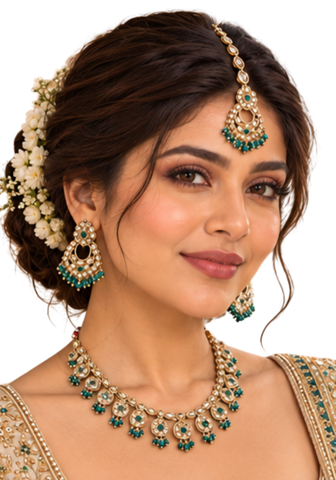 Parure indienne Kajol Vert Canard et dorée avec collier boucles et maang tikka portée