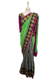 Sari Sneha noir, vert et rose magenta brodé doré – sari designer prêt-à-livrer ou prêt-à-porter mariage et cérémonie.