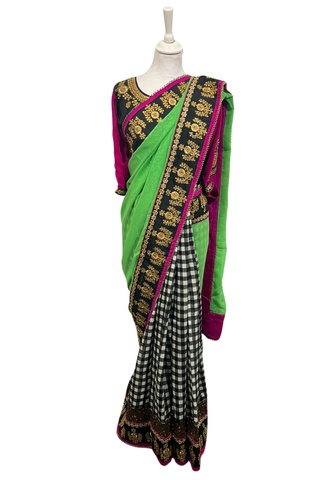 Sari Sneha noir, vert et rose magenta brodé doré – sari designer prêt-à-livrer ou prêt-à-porter mariage et cérémonie.