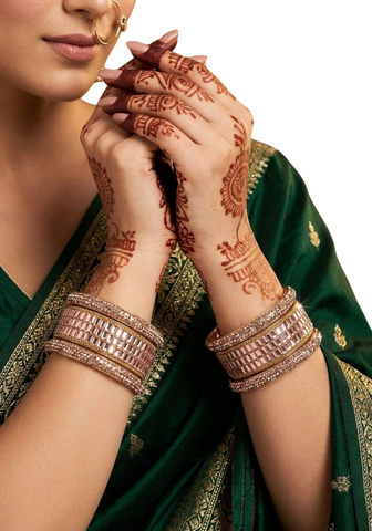 Lot de 6 bracelets indiens Veena rose poudré et doré avec pierres brillantes, taille 2.10